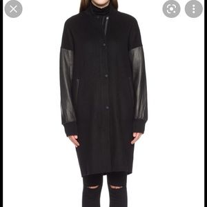 Mackage Hayden Long Wool Bomber Coat with Leather Sleeves